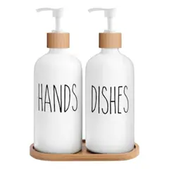 GENERICO - Set 2 Dispensadores De Jabon Vidrio Con Bandeja De Bambu - Blanco