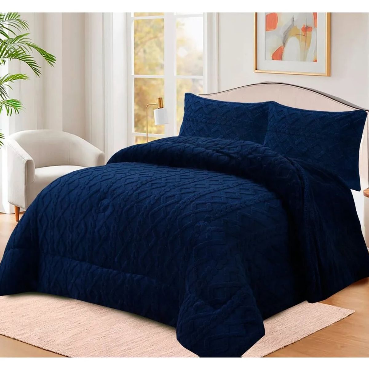 COMPRAPO - Cobertor Plumón Trenzado con Chiporro Invierno 2 Plazas Azul Marino