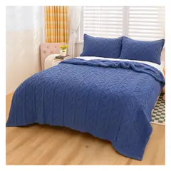 OKAERI - CUBRE CAMA TRENZADO CON CHIPORRO 2 PLAZAS - Azul - 2 PLAZAS