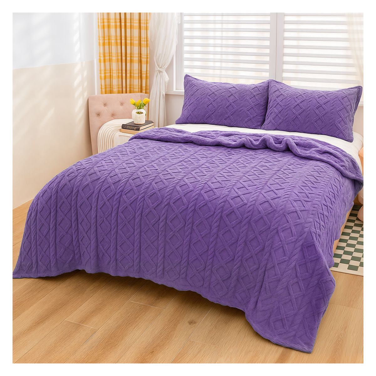 OKAERI - CUBRE CAMA TRENZADO CON CHIPORRO 2 PLAZAS - Purpura - 2 PLAZAS