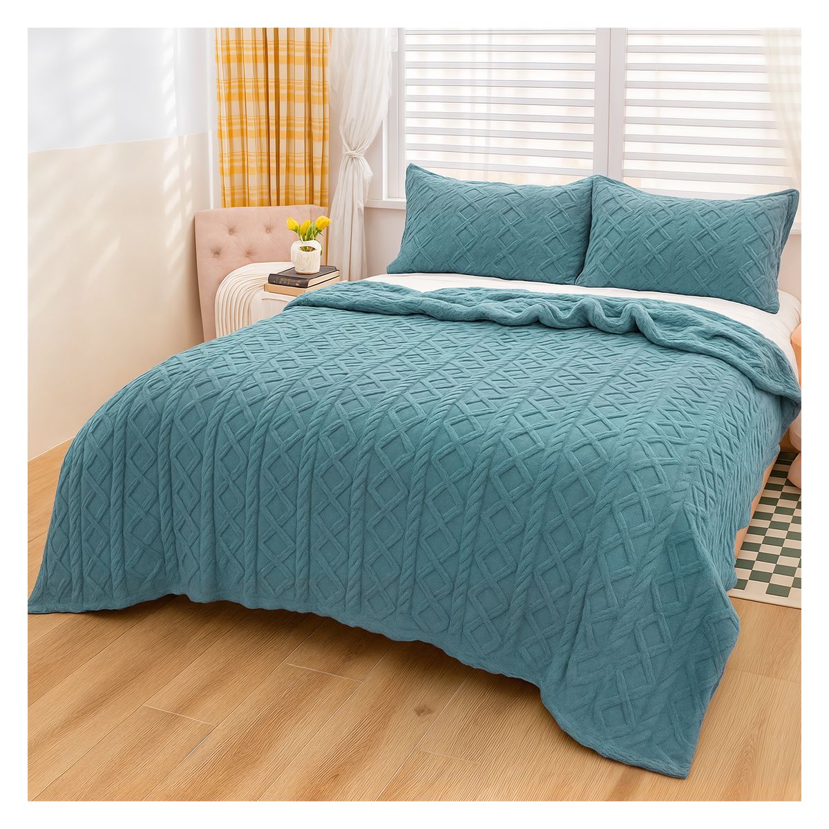 OKAERI - CUBRE CAMA TRENZADO CON CHIPORRO 2 PLAZAS - Verde - 2 PLAZAS