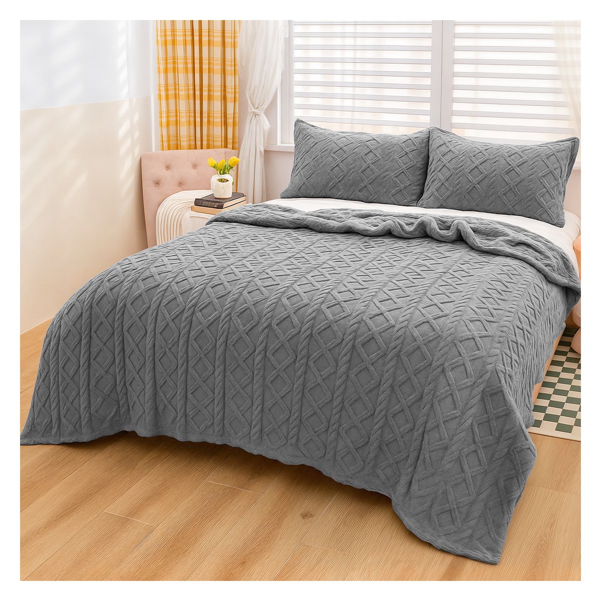 GENERICO - MANTA DISEÑO TRENZADO CON CHIPORRO S BORDE 2 PLAZAS - Gris - 2