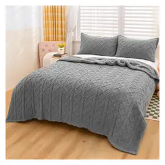 GENERICO - MANTA DISEÑO TRENZADO CON CHIPORRO S BORDE 2 PLAZAS - Gris - 2