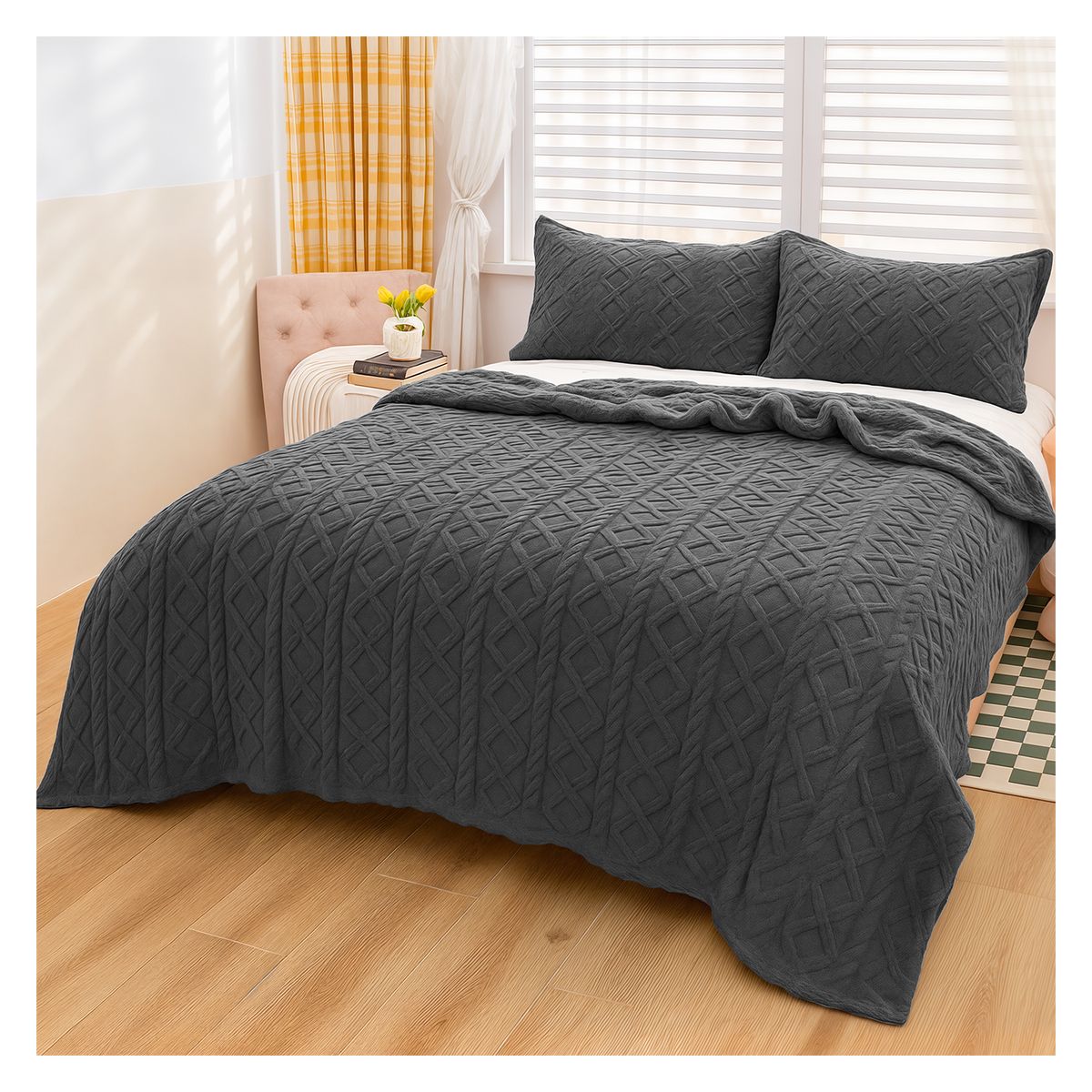 GENERICO - MANTA DISEÑO TRENZADO CON CHIPORRO S BORDE 2 PLAZAS - Gris oscuro - 2