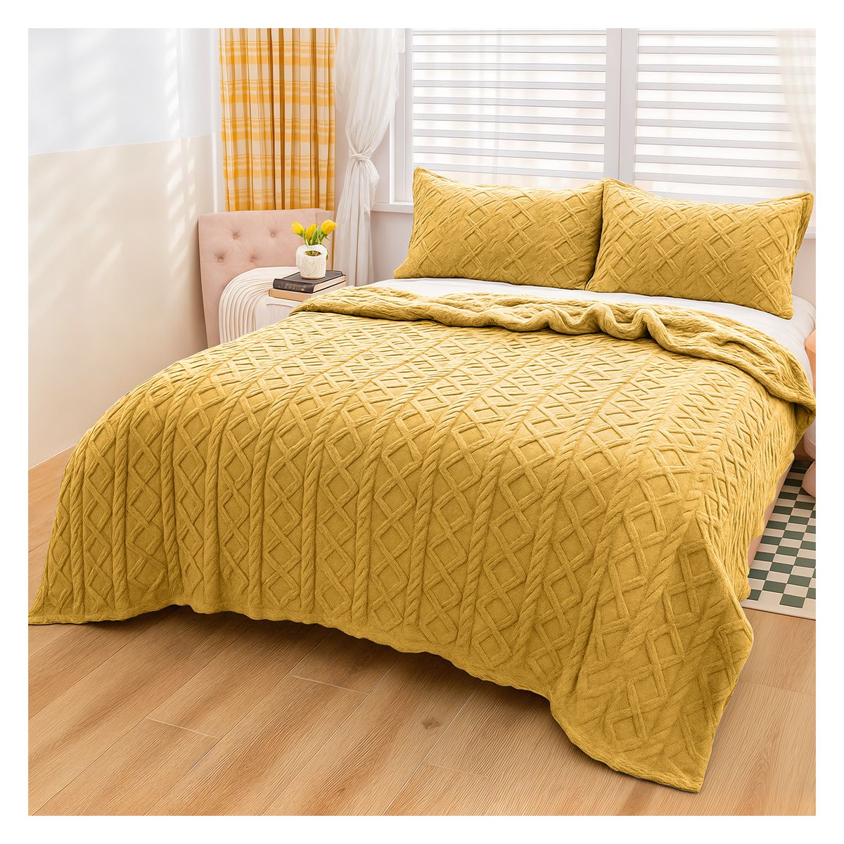 GENERICO - MANTA DISEÑO TRENZADO CON CHIPORRO S BORDE 2 PLAZAS - Amarillo - 2