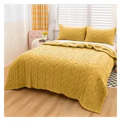 GENERICO - MANTA DISEÑO TRENZADO CON CHIPORRO S BORDE 2 PLAZAS - Amarillo - 2