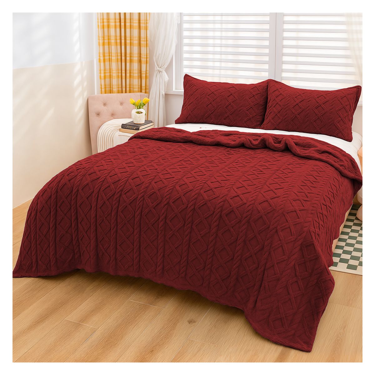 GENERICO - MANTA DISEÑO TRENZADO CON CHIPORRO S BORDE 2 PLAZAS - Rojo - 2.