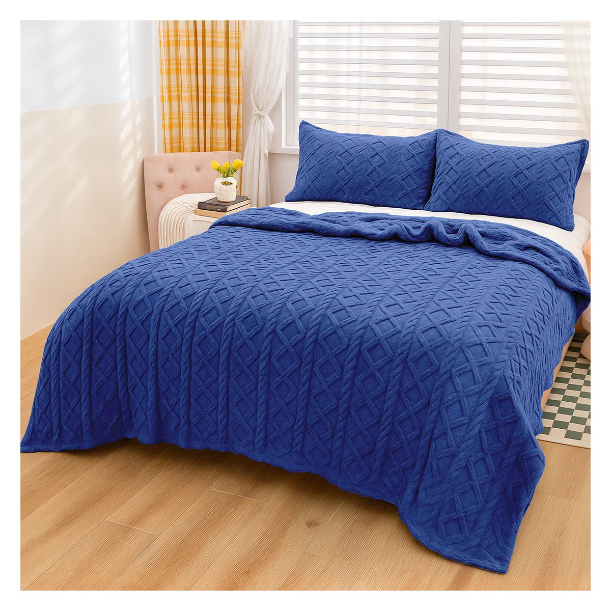 GENERICO - MANTA DISEÑO TRENZADO CON CHIPORRO S BORDE 2 PLAZAS - Azul - 2