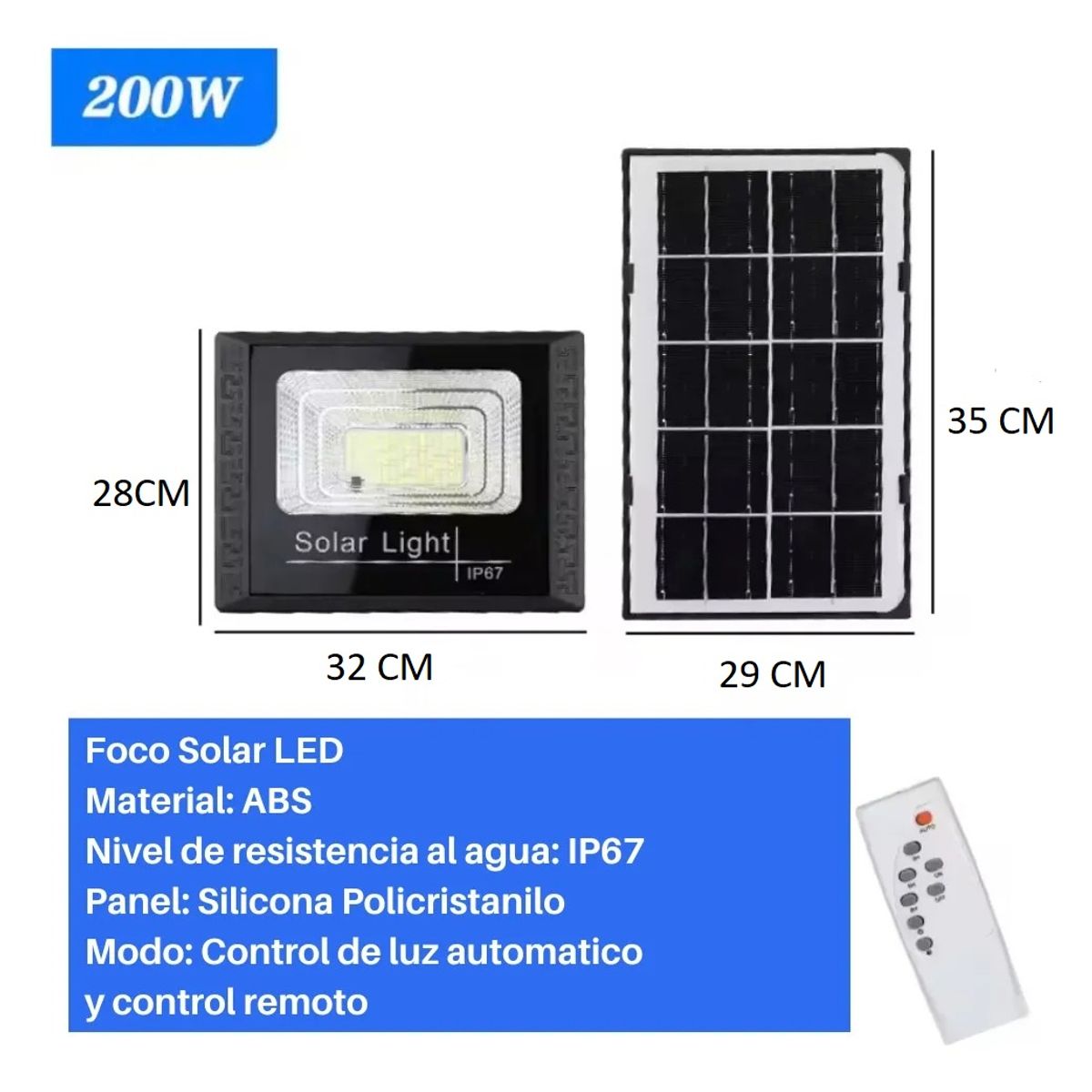 GENERICO - Foco Reflector Solar 200w + Panel Solar Y Control Remoto