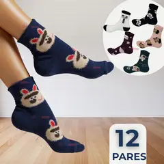 OMAS - Pack 12 Pares Calcetines Terciopelo de Visón Mujer Estampado Algodón