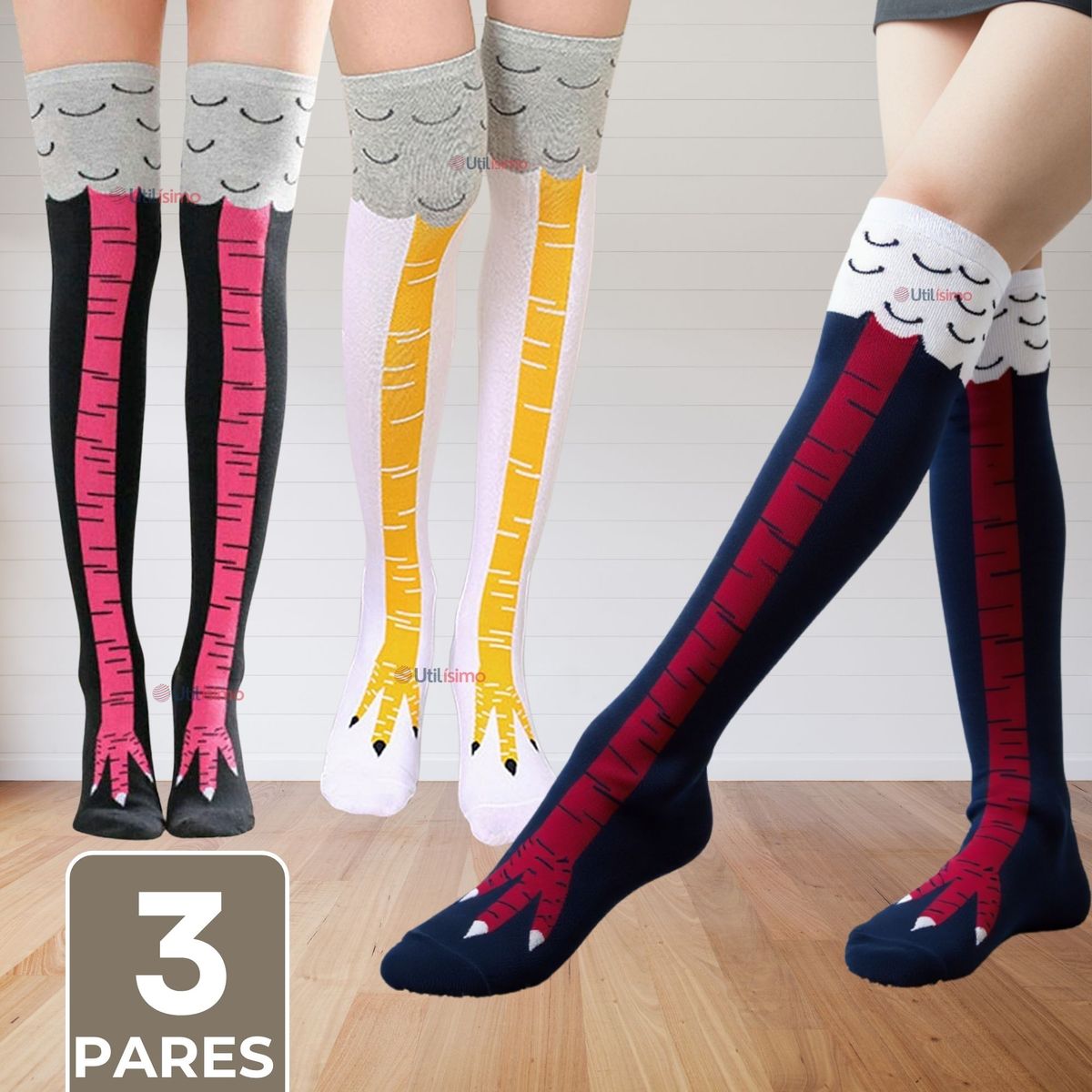 UTILISIMO - Pack 3 Calcetines Pata de Gallina Mujer Largos Colores Surtidos