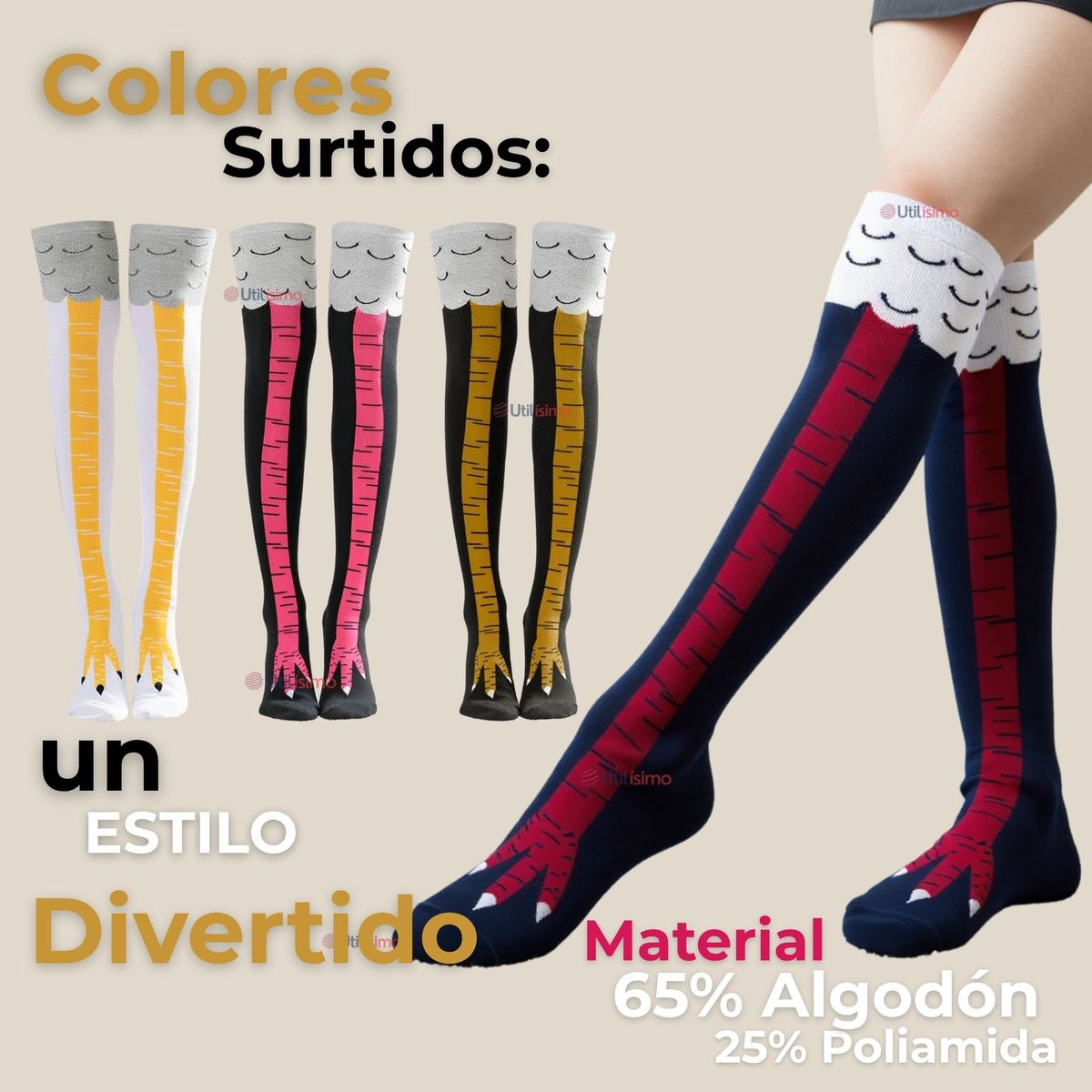 UTILISIMO - Pack 6 Calcetines Pata de Gallina Mujer Largos Colores Surtidos
