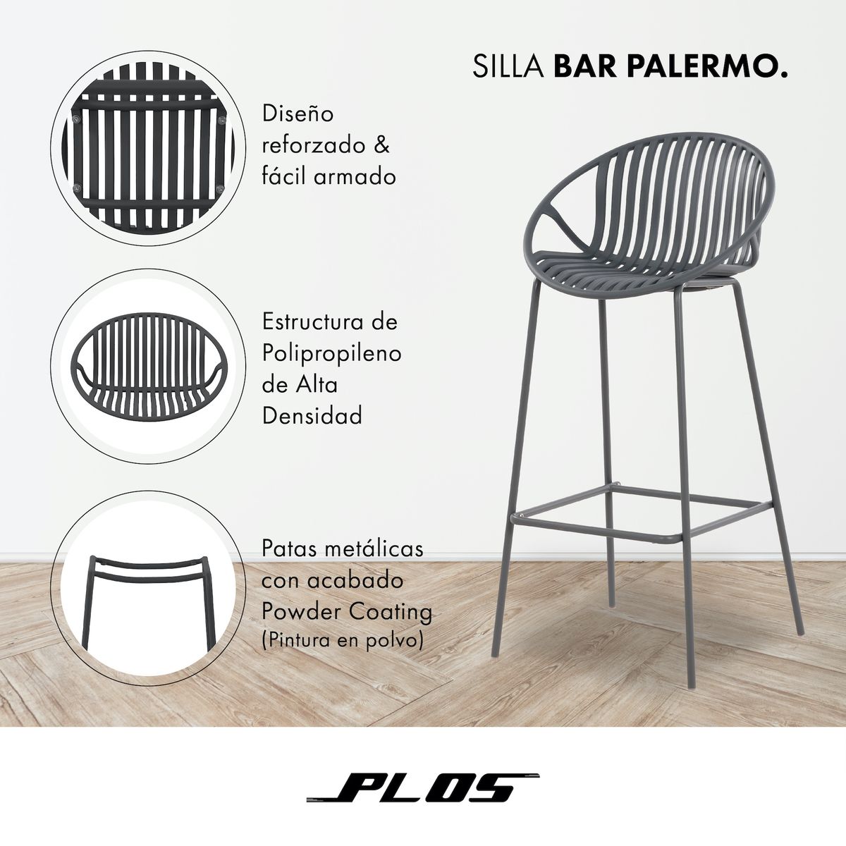 PLOS - Silla Piso Bar Taburete Terraza Pack x2 Unidades Plos Palermo Gris