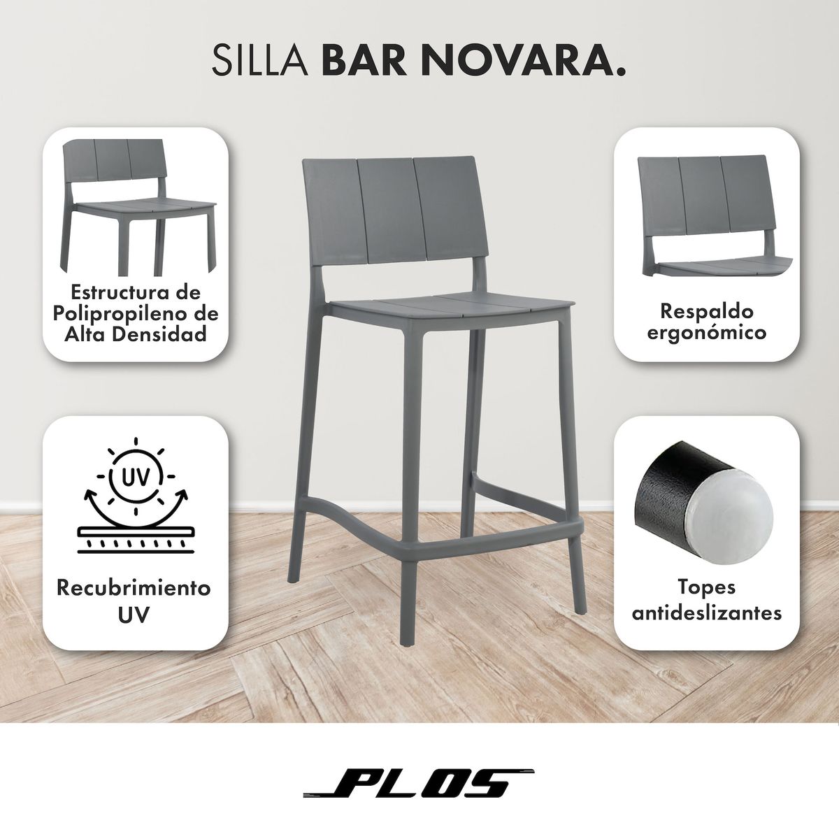 PLOS - Silla Piso Bar Taburete Terraza Cocina 65cm X1 Unidad Plos Novara Gris