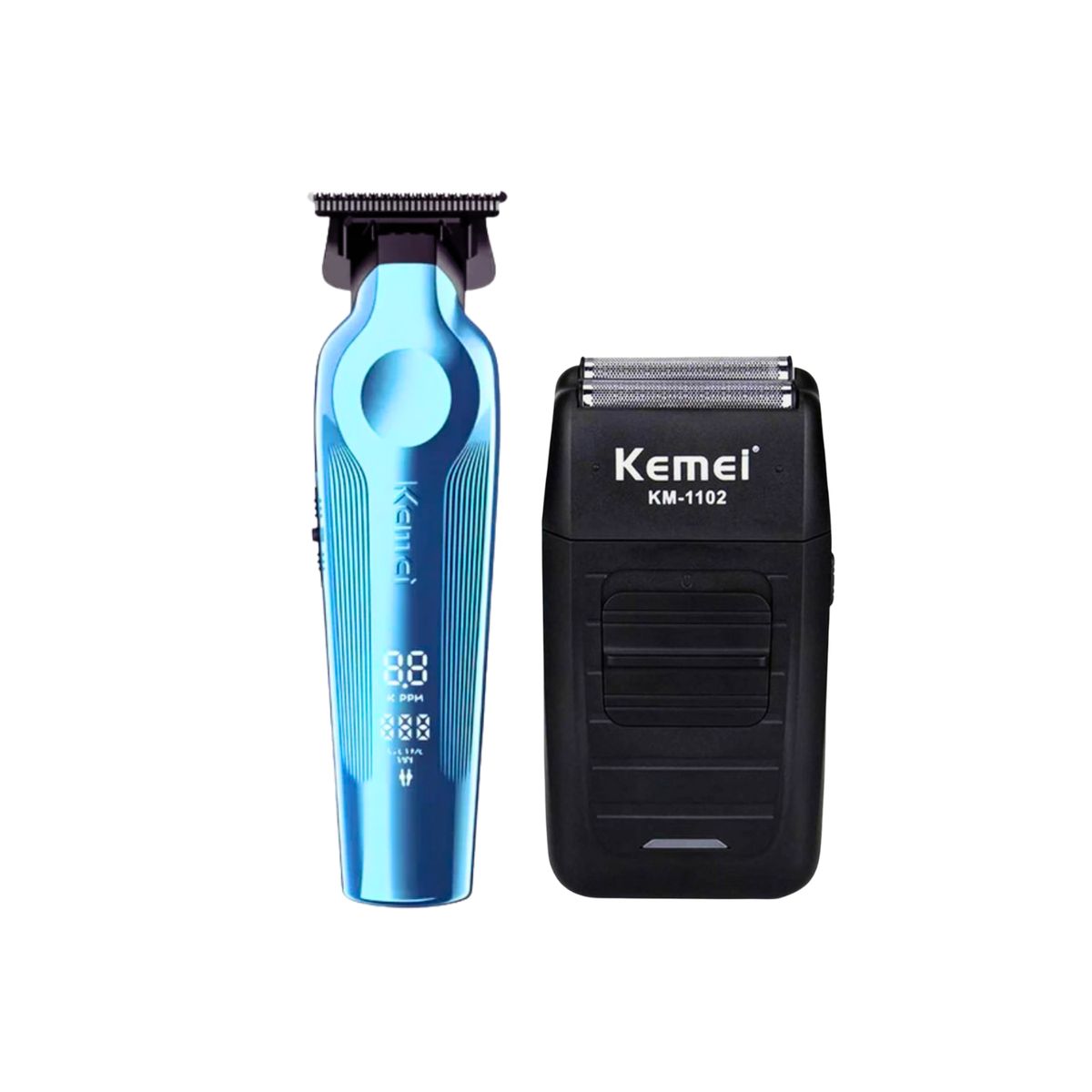 KEMEI - Combo Patillera Trimmer Kemei 264 AZUL + Shever Kemei 1102 Color Negro