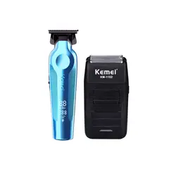 KEMEI - Combo Patillera Trimmer 264 AZUL + Shever 1102 Color Negro