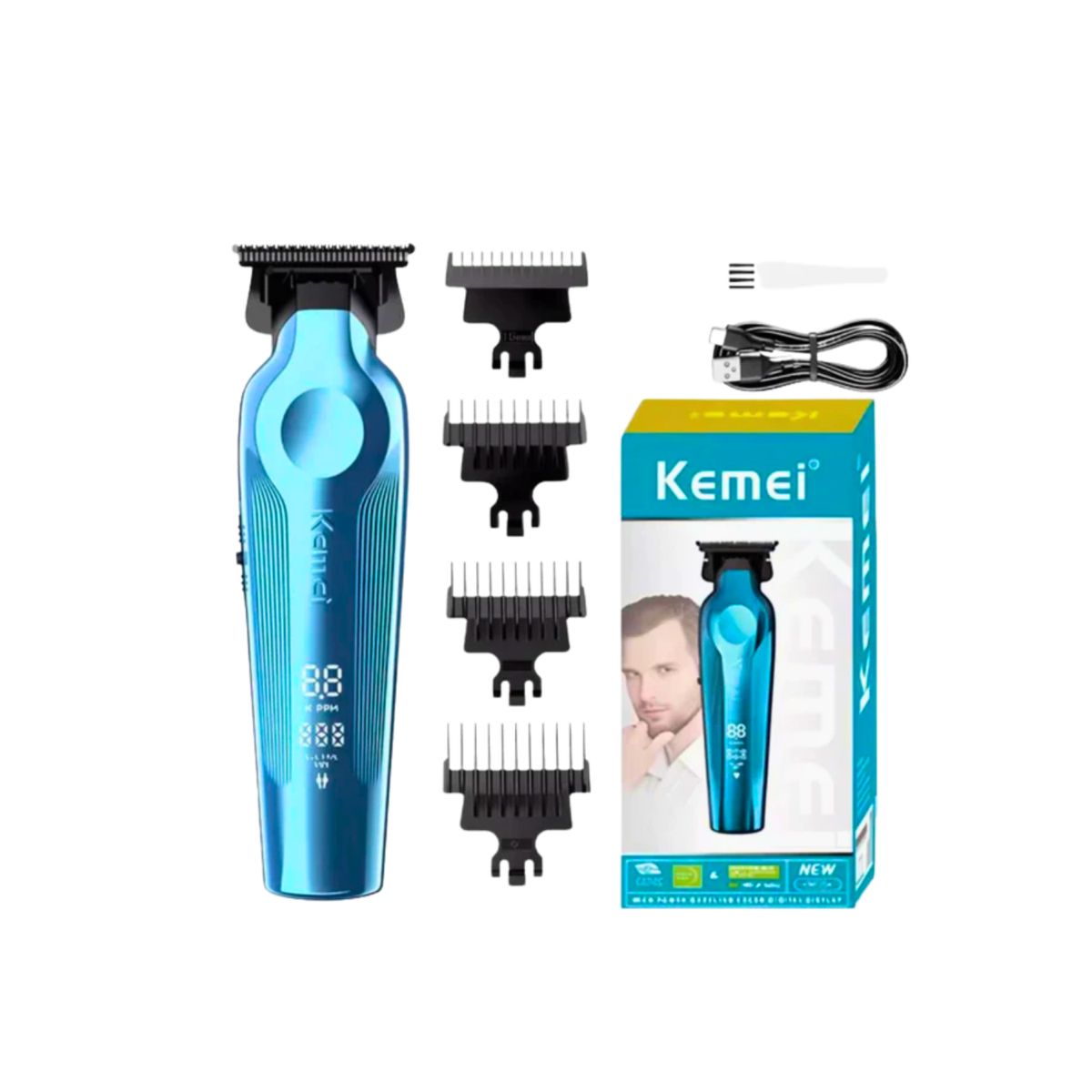 KEMEI - Combo Patillera Trimmer Kemei 264 AZUL + Shever Kemei 1102 Color Negro