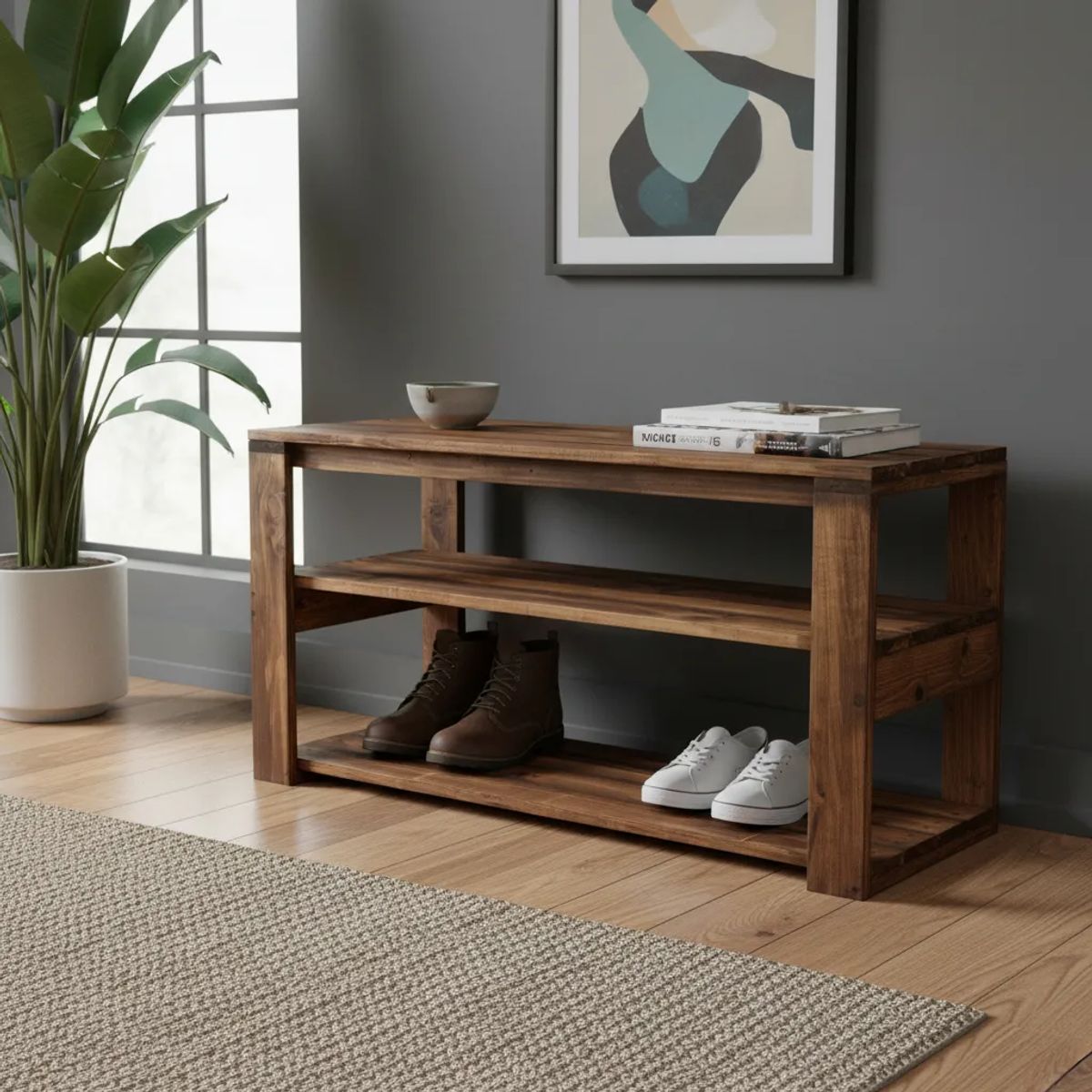 GENERICO - Banca Con Zapatero Rustico De Madera Nogal