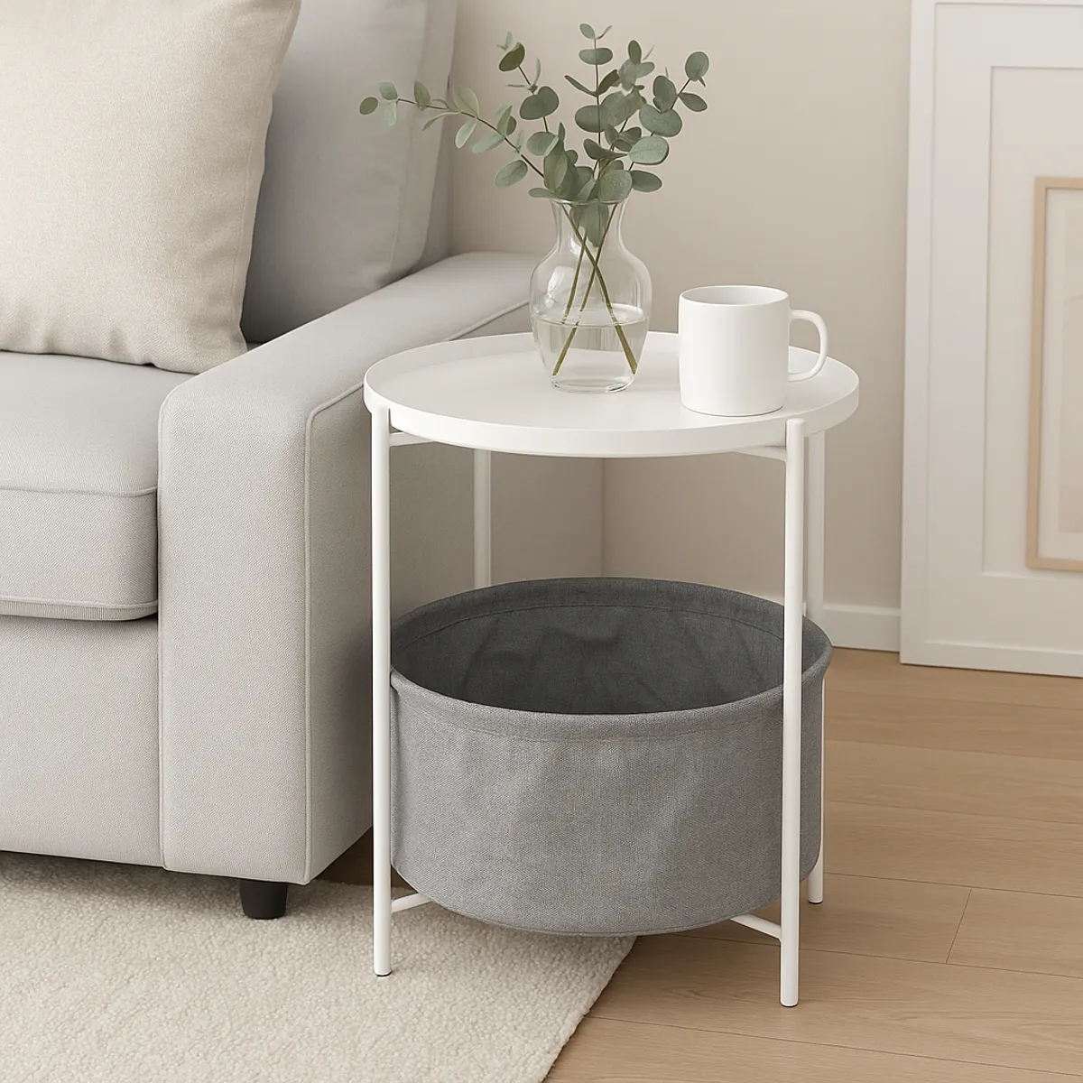 MOBOI - Mesa Lateral Auxiliar 2 Niveles con Cesta 42x42x52cm Blanco