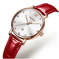 STARTECHOFFICE - Reloj Femenino de Cuarzo con Correa de Cuero Rojo y Esfera Decorativa