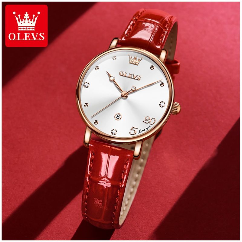 STARTECHOFFICE - Reloj de Mujer Correa Cuero Rojo y Esfera Decorativa Diseño Romántico
