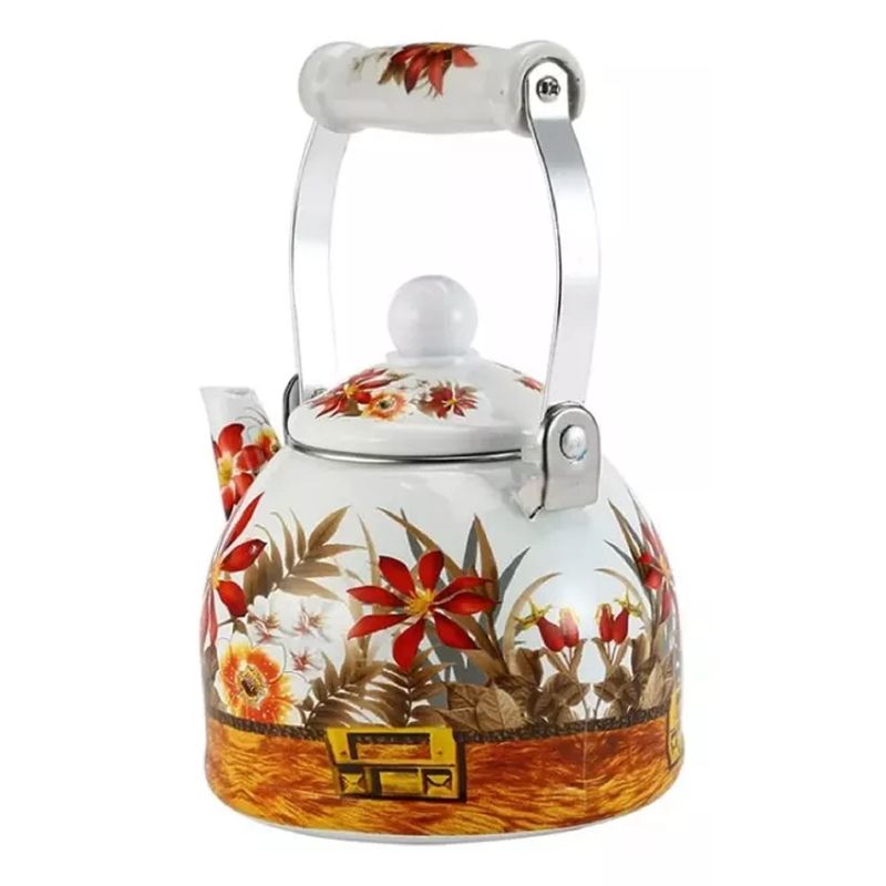 GENERICO - TETERA  ENLOZADA ESMALTADA DISEÑO CLASICO BLANCO DE FLORES DE 2 LITROS