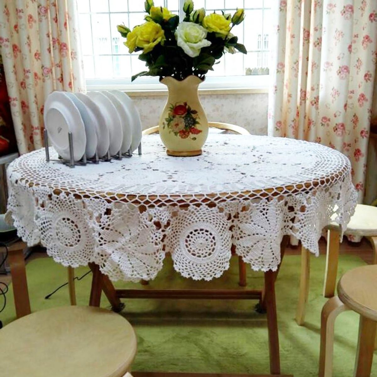 PUREPOWER - Mantel redondo con encaje de crochet vintage Φ130cm