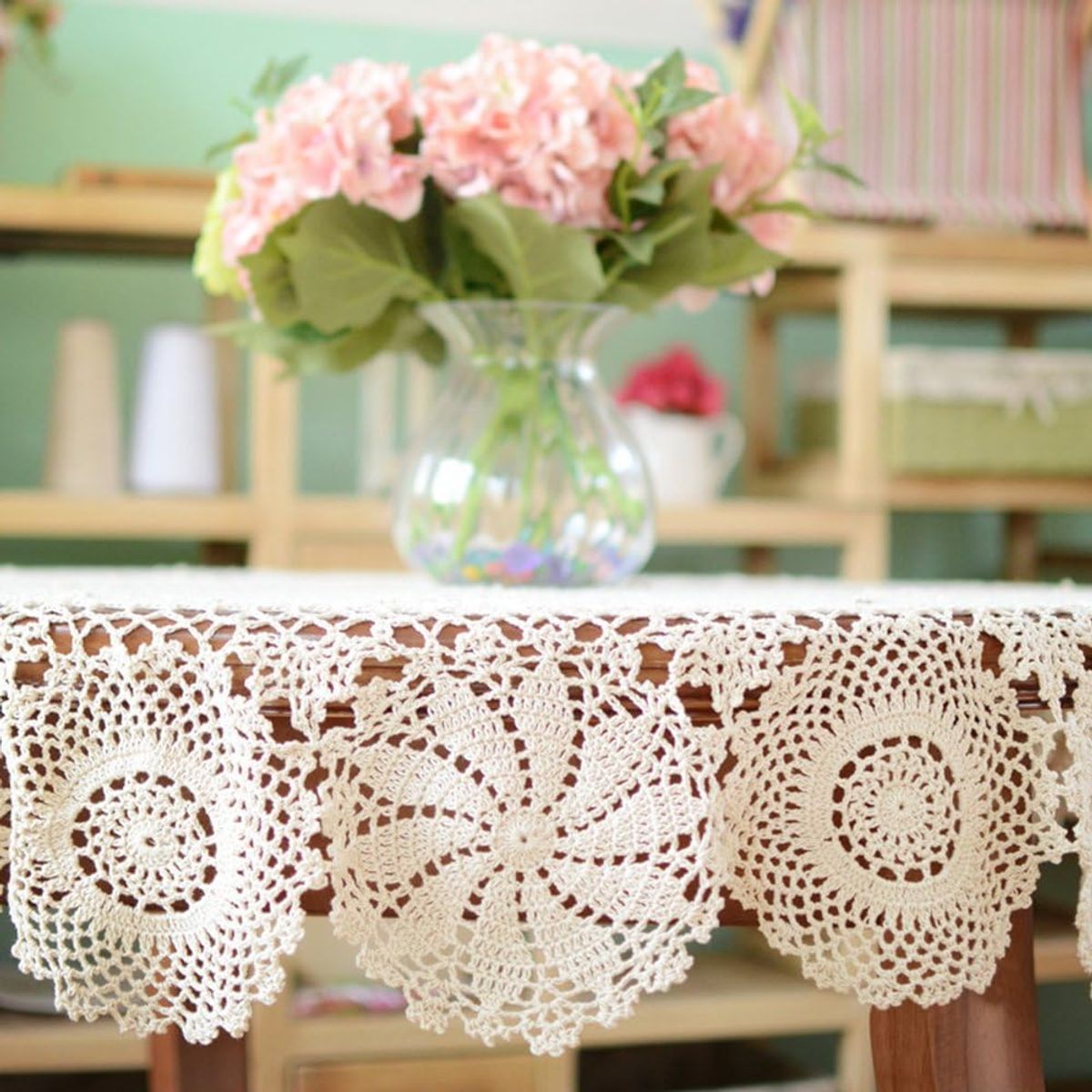 PUREPOWER - Mantel redondo con encaje de crochet vintage Φ130cm