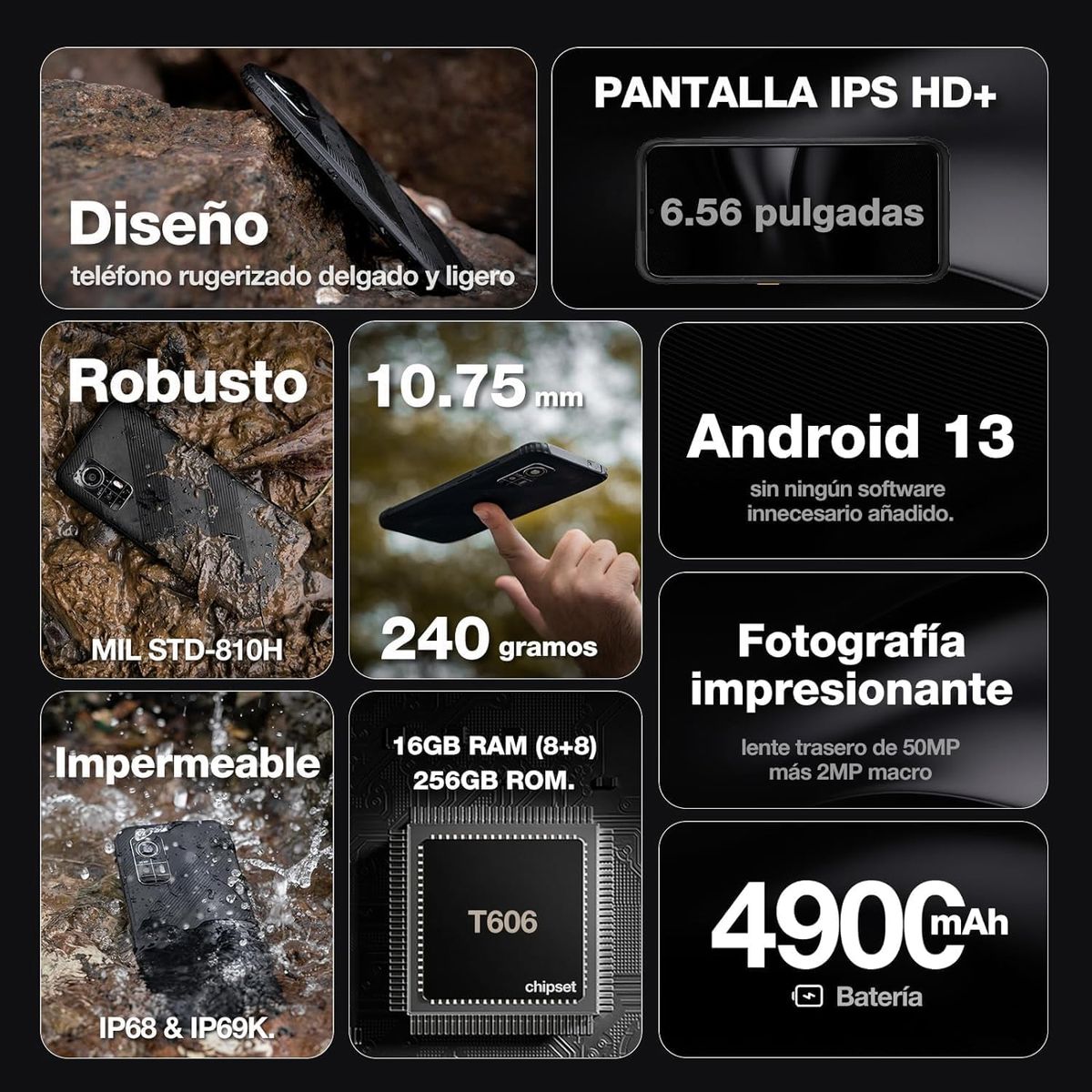 DOOGEE - AGM H6 Celular 16GB+256GB NFC Doble SIM Smartphone