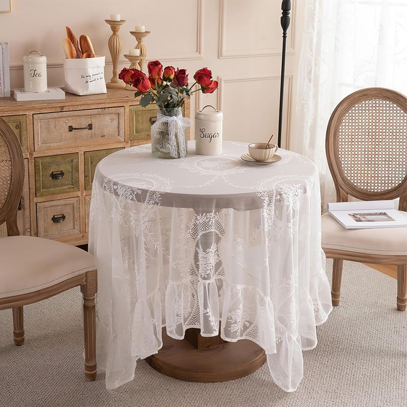 PUREPOWER - Mantel Redondo Encaje Vintage Francés Φ90cm con Flores para Bodas