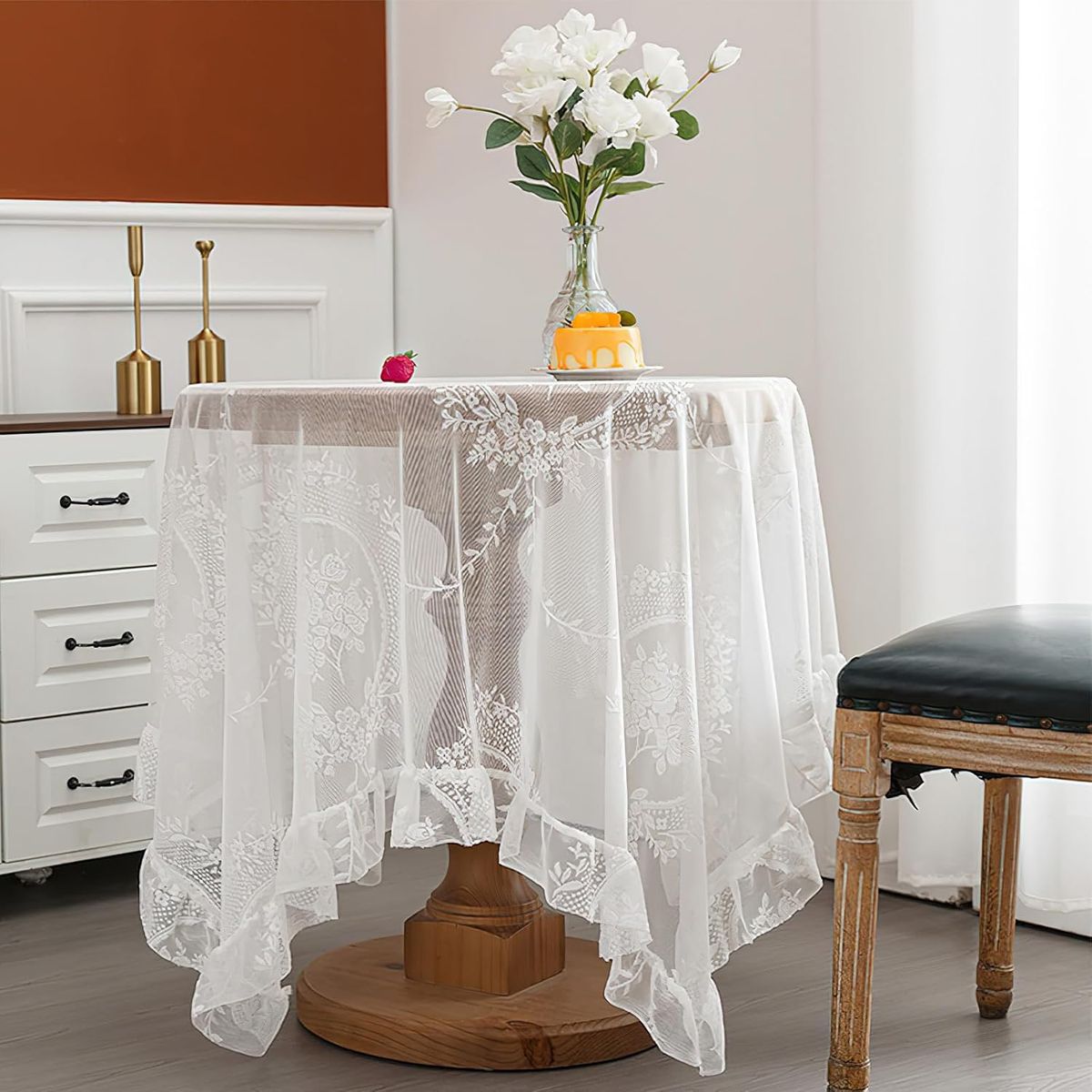 PUREPOWER - Mantel Redondo Encaje Vintage Francés Φ90cm con Flores para Bodas