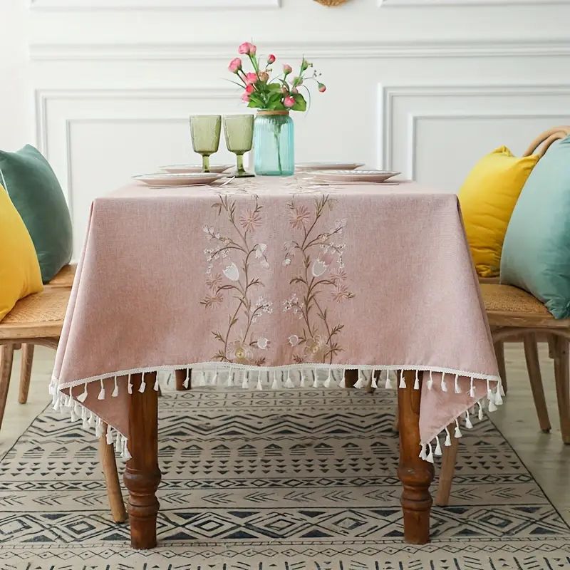PUREPOWER - Mantel Rosa 140x180cm Floral Escandinavo con Flecos Anti-manchas