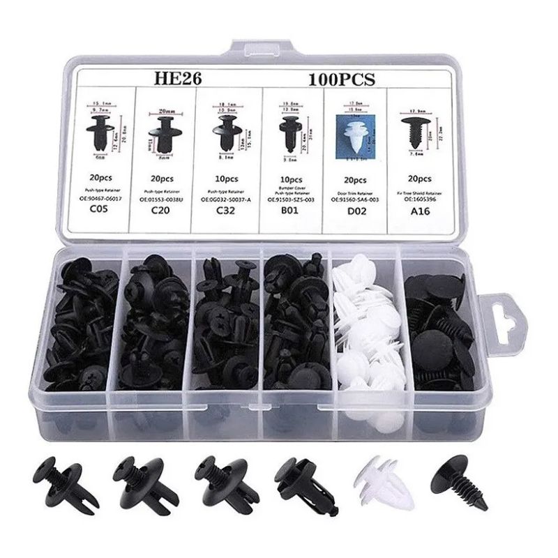LISM - Caja 100 Clips Broche Retencion Lata Plastico Auto Tapabarro