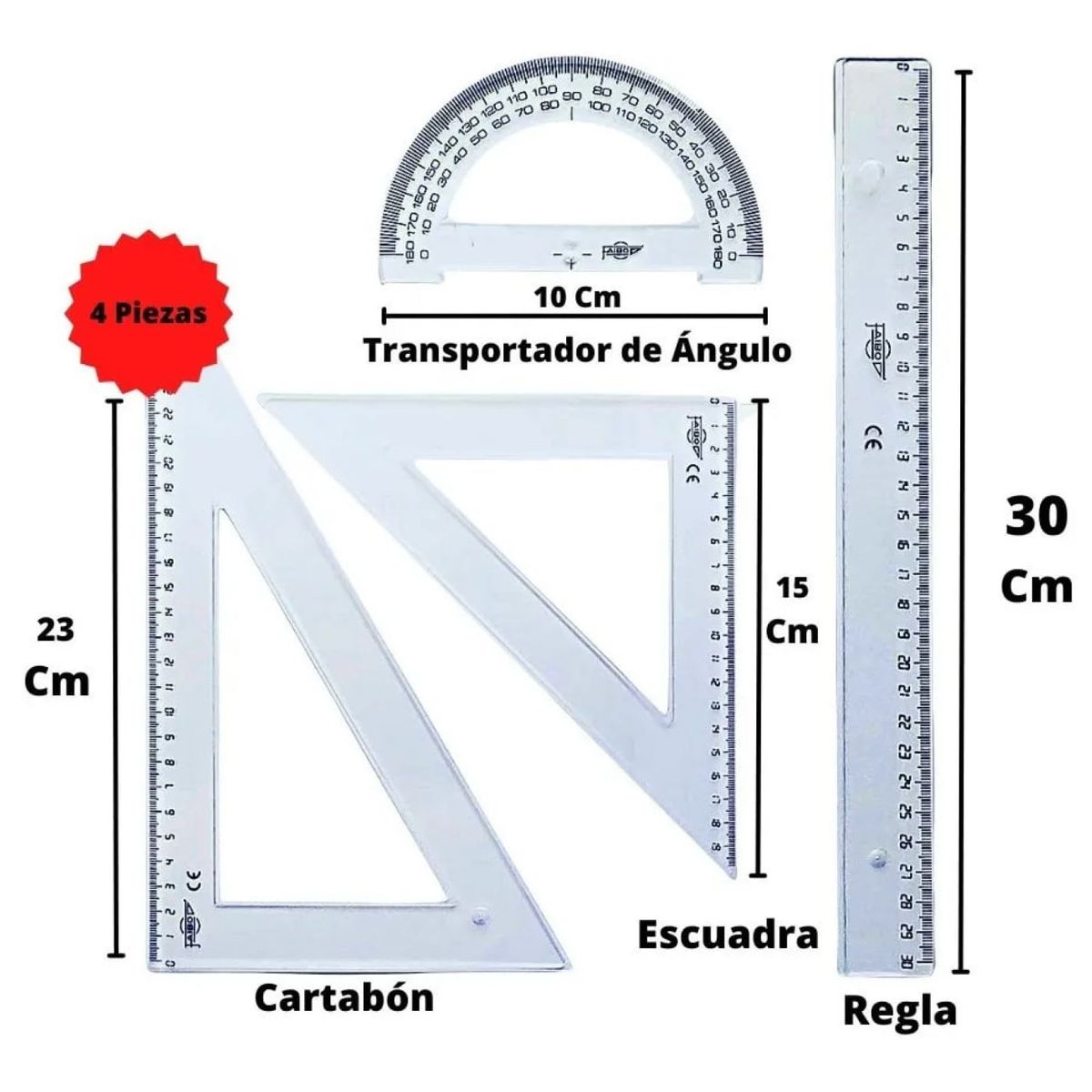 GENERICO - Set De Geometría Transparente 30 cm 4 Tipos Plástico Rigido