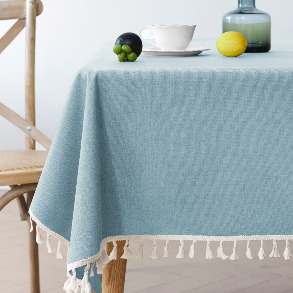 PUREPOWER - Mantel Nórdico Azul Claro con Flecos 140x220cm