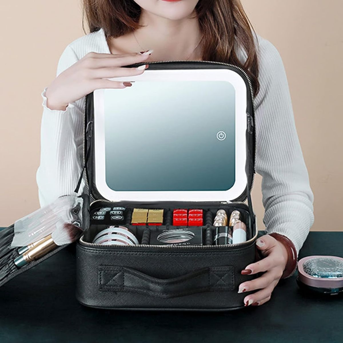 MOVI - COSMETIQUERO CON ESPEJO Y LUZ LED Y ORGANIZADOR