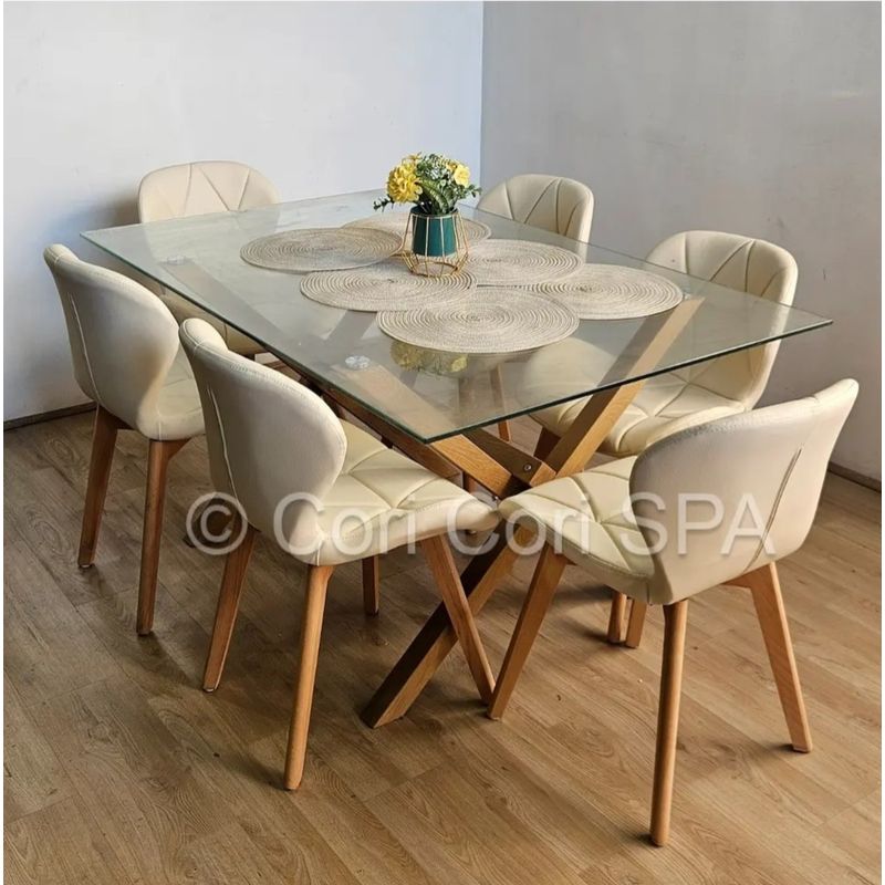 CORI CORI - Comedor Medlock 120x80cms + 6 Sillas Mariposa Ecocuero Wood Beige