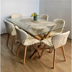 CORI CORI - Comedor Medlock 120x80cms + 6 Sillas Mariposa Ecocuero Wood Beige