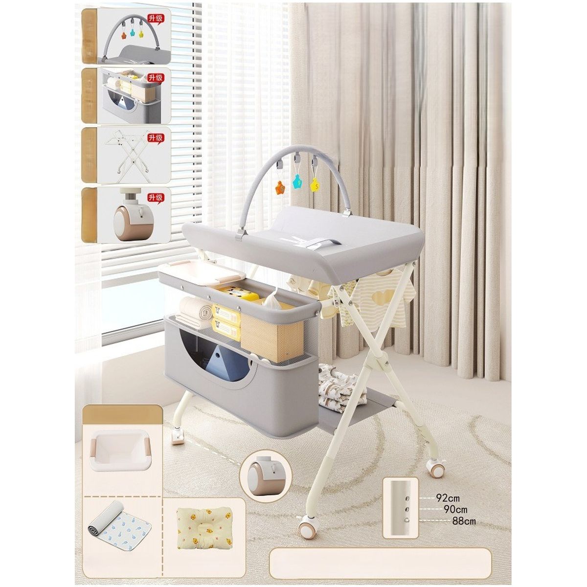 TATEE - Cambiador De Bebé 3en1 Plegable Con Ruedas gris