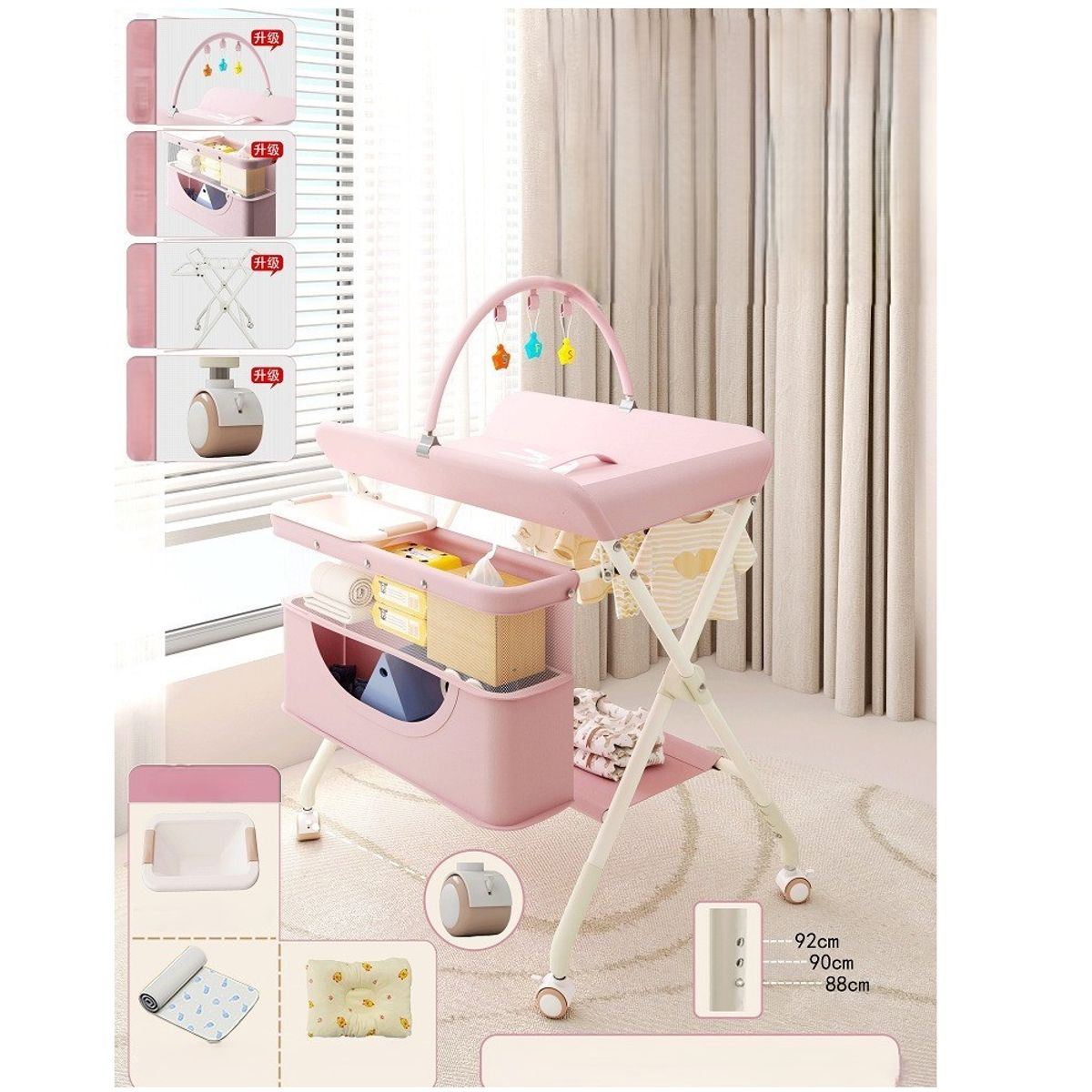 TATEE - Cambiador De Bebé 3en1 Plegable Con Ruedas rosa