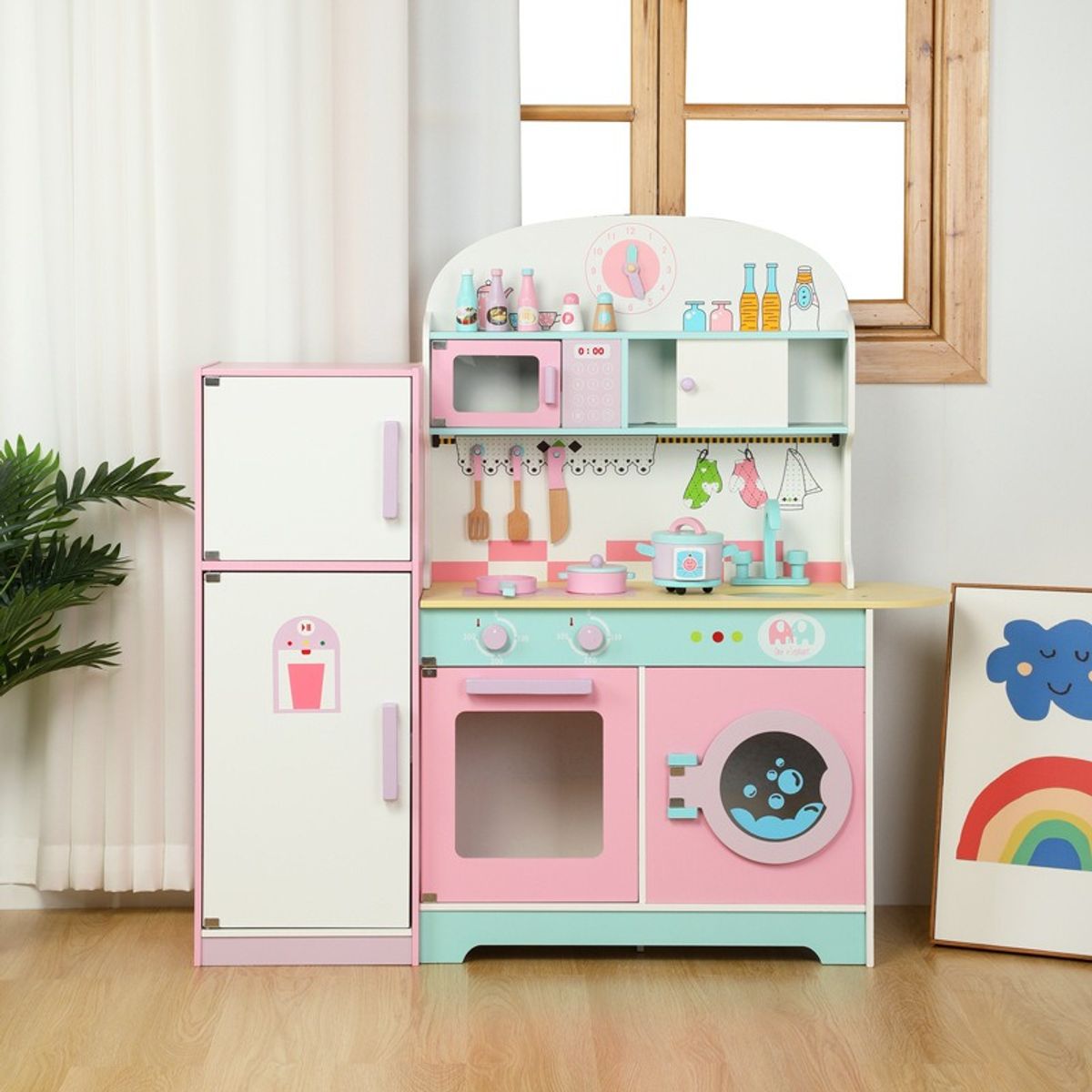 TATEE - Cocina Infantil de Madera Juguetes rosa Con luces