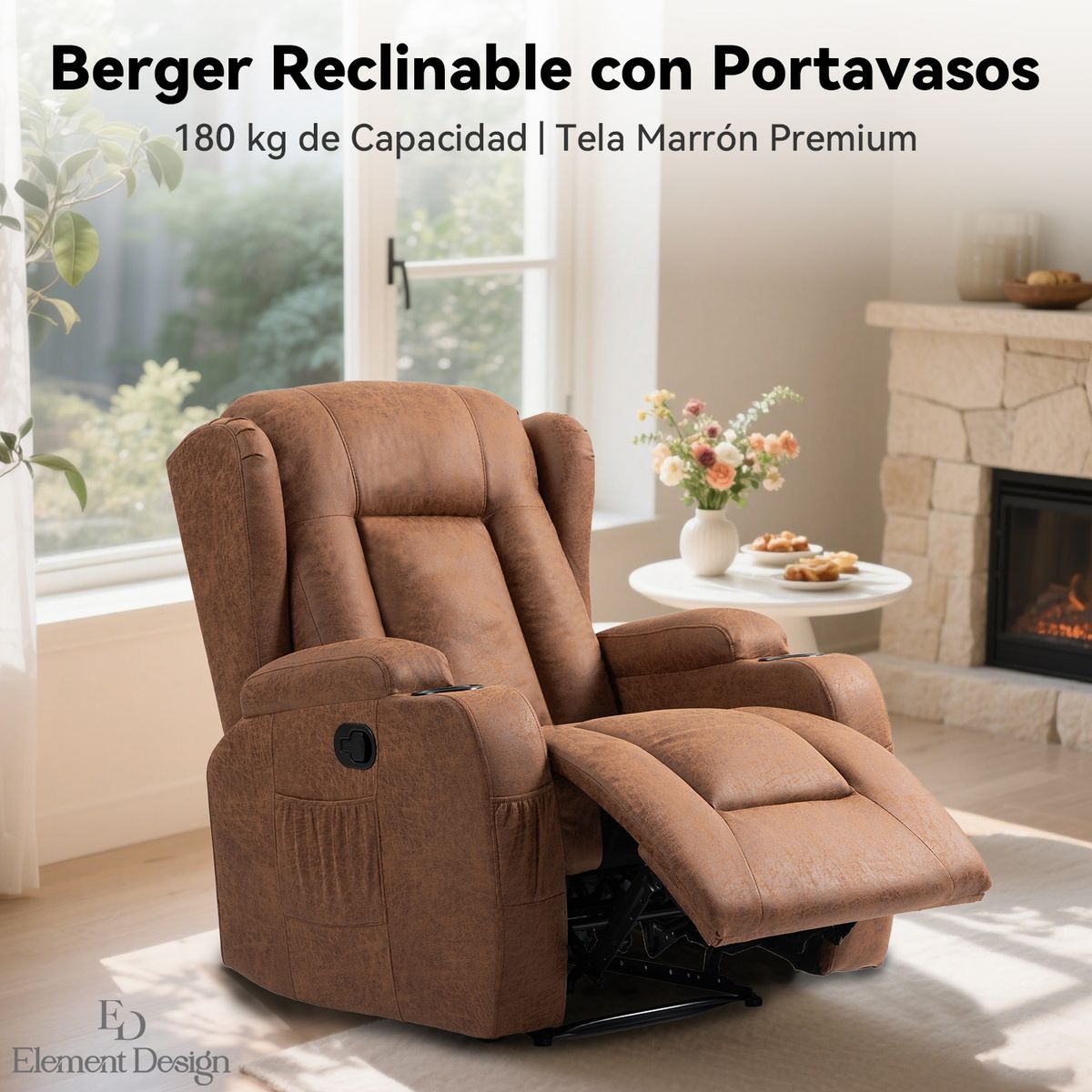 ELEMENT DESIGN - Berger Reclinable Nicasia con Portavasos Tela Marrón