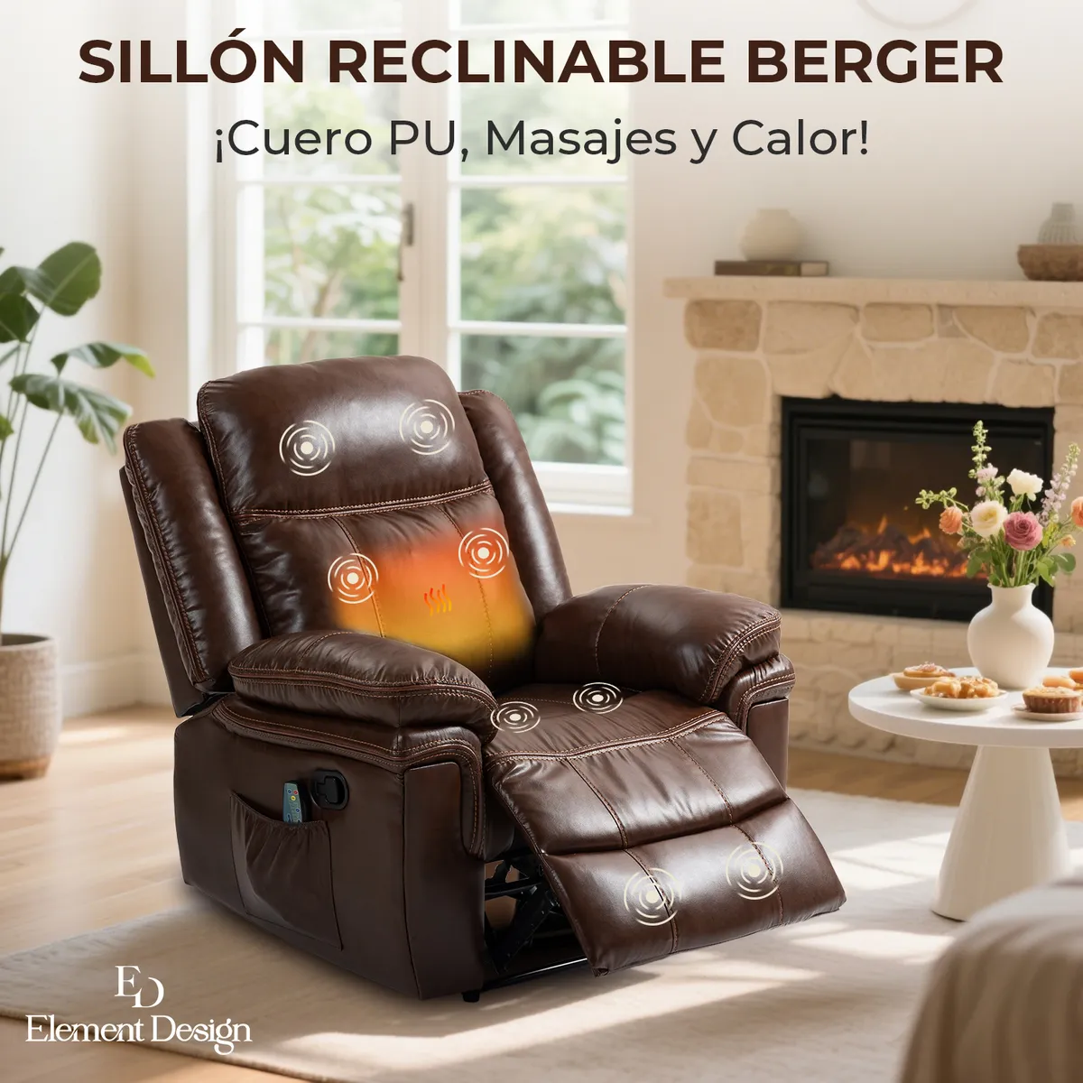 ELEMENT DESIGN - Berger Reclinable Freddo de Cuero PU con Masaje y Calefacción Marrón