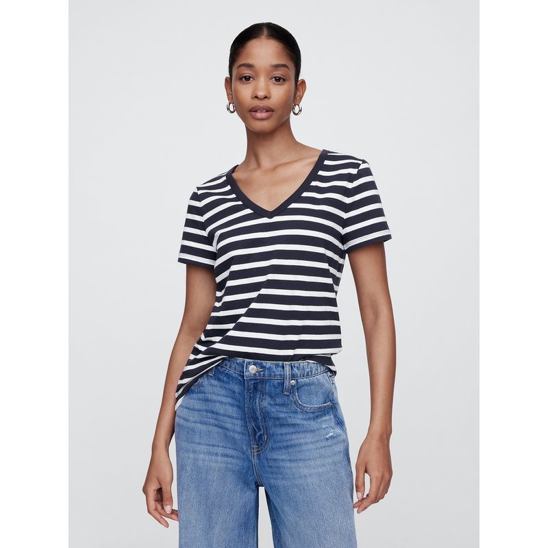 GAP - Polera Mujer Stripe V Neck Manga Corta Azul Gap