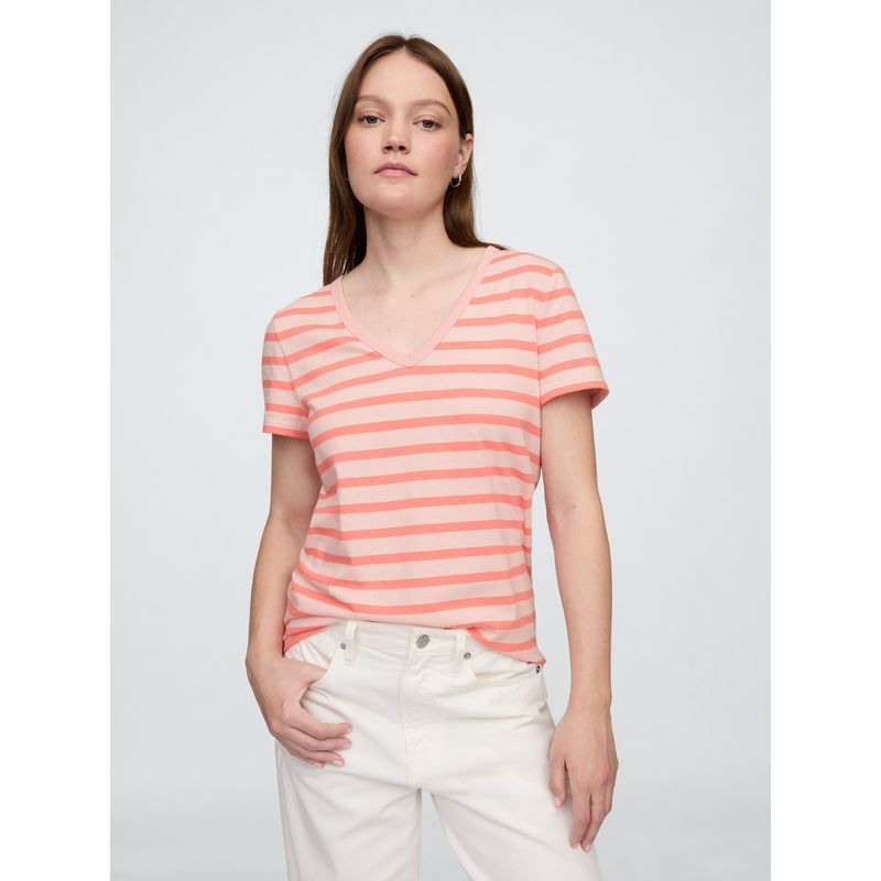 GAP - Polera Mujer Stripe V Neck Manga Corta Rosado Gap