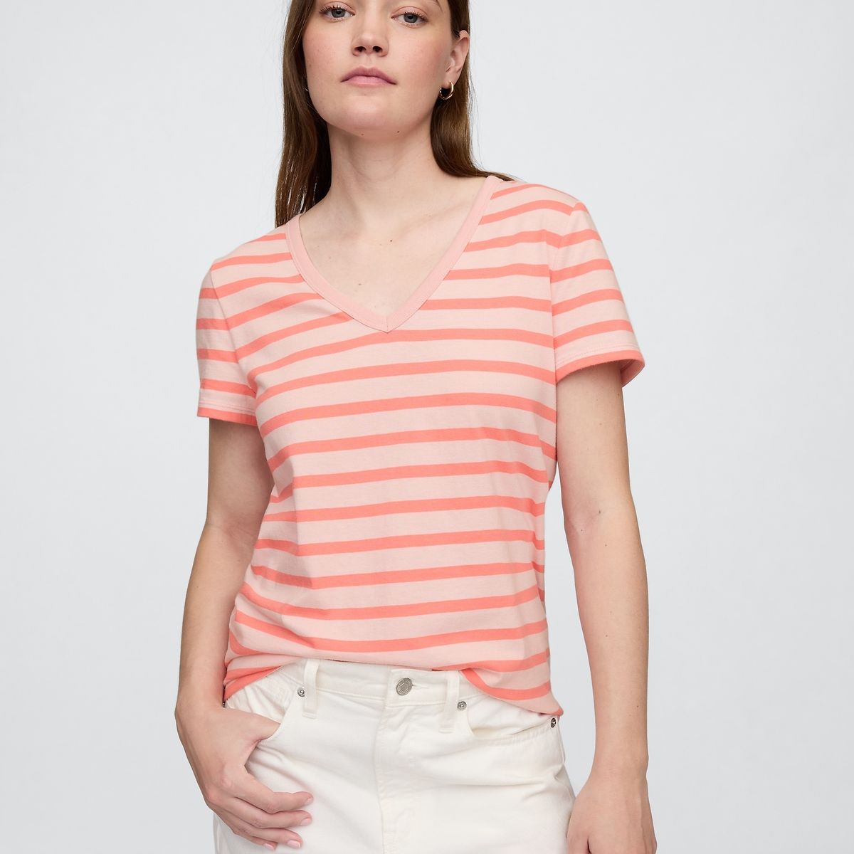 GAP - Polera Mujer Stripe V Neck Manga Corta Rosado Gap