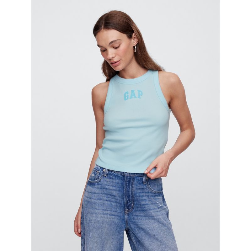 GAP Polera Mujer Logo Ribbed Cropped Sin Manga Azul Gap