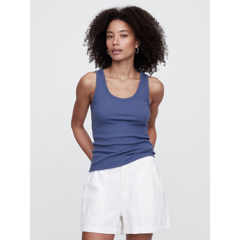 GAP - Polera Mujer Ribbed Scoop Sin Manga Azul Gap