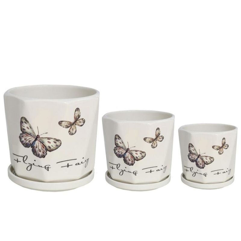 HOMEY - Pack De 3 Maceteros Con Plato,  Modelos Marca Homey Blanco Mariposa