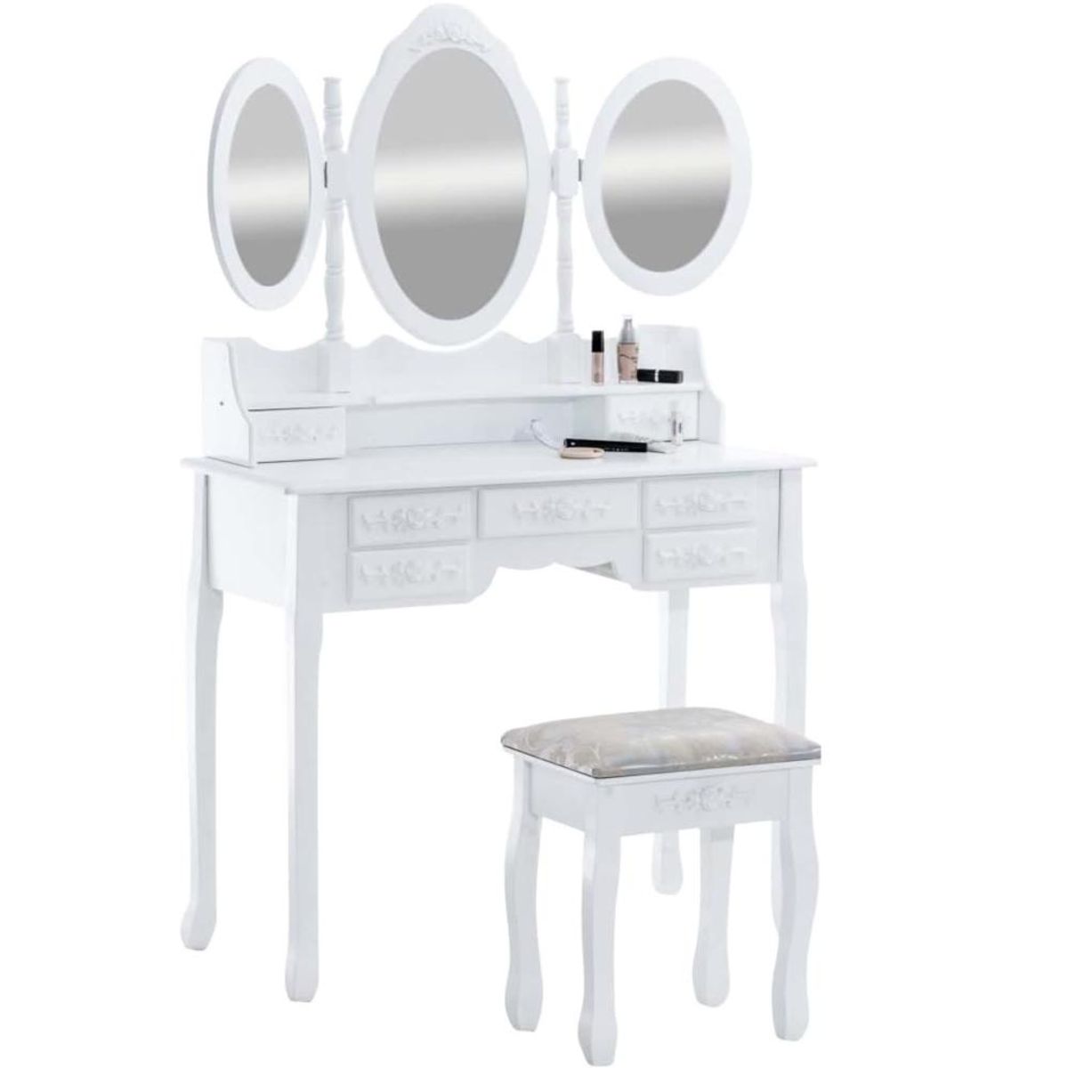 ITAHOME - TOCADOR MAQUILLAJE MADERA BANCA + 3 ESPEJOS OVALADO DANIELLA